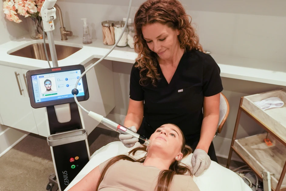 Image showing a Genius RF microneedling treatment in progress at Liv Aesthetics in New Fairfield, CT. A technician uses a specialized handheld device on a client’s face, illustrating a skin rejuvenation procedure aimed at improving texture and firmness.